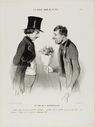 ¡La noche del estreno! "¡Qué! ¡Hasta mi portero me ofrece flores!... Bendita sea mi alma, esta comedia me costará una fortuna... Empiezo a lamentar que no haya sido silbada fuera del escenario por completo", plato doce de Les beaux jours de la vie de Honoré Victorin Daumier