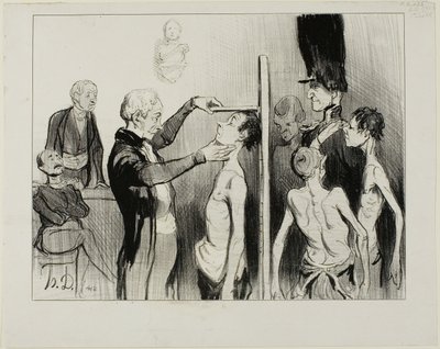 La Junta de Reclutamiento. "¿No es un espectáculo glorioso: estos nobles jóvenes franceses llenos de ardor, fuerza y elegancia dispuestos a defender su honor bajo las banderas de Marte", lámina 35 de Caricatures Du Jour. de Honoré Victorin Daumier