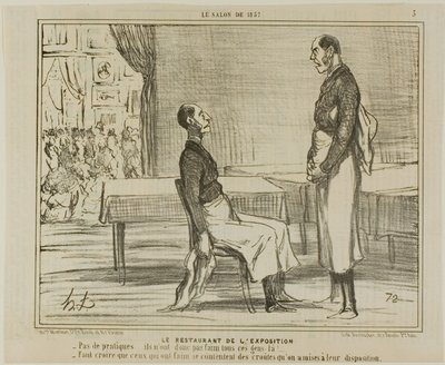 El Restaurante de la Exposición. "- Ningún cliente en absoluto... ¿no tiene hambre esta gente - Supongo que los hambrientos están comiendo los bocadillos que les ofrecieron", plato 3 de Le Salon De 1857 de Honoré Victorin Daumier