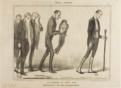 El camarero de traje negro. Funeral de la caja de propinas, lámina 2 de Croquis Parisiens de Honoré Victorin Daumier