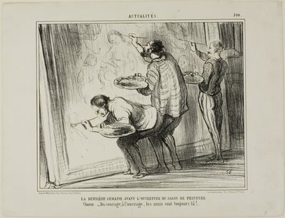 La Semana Antes De La Inauguración De La Exposición De Arte. Coro: "- ¡Ánimo, acabemos el trabajo! Para eso están los amigos", plato 399 de Actualités de Honoré Victorin Daumier