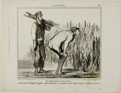 Las preocupaciones de un viticultor. "- Nos hemos librado de las heladas..... ahora sólo tenemos que preocuparnos del sol, la lluvia, el mildiu y todo lo demás...", lámina 397 de Actualités de Honoré Victorin Daumier