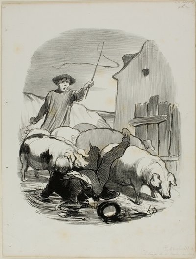 El peligro de quedar atrapado en una persecución de campanarios, lámina 12 de Pastorales de Honoré Victorin Daumier