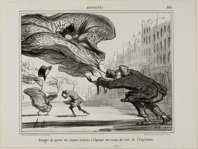 El peligro de llevar faldas con aros durante una repentina tormenta de primavera, lámina 26 de La Crinolomanie de Honoré Victorin Daumier