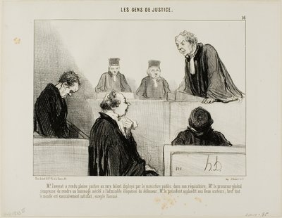 La defensa elogia el talento de la acusación, mientras que el fiscal general admira la elocuencia de la defensa. El juez aplaude a ambos y todo el mundo queda satisfecho, excepto el acusado, lámina 16 de Les Gens De Justice de Honoré Victorin Daumier