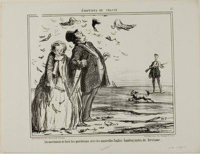 El inconveniente de disparar a perdices jóvenes con las nuevas balas explosivas de Devisme, lámina 17 de Émotions De Chasse de Honoré Victorin Daumier