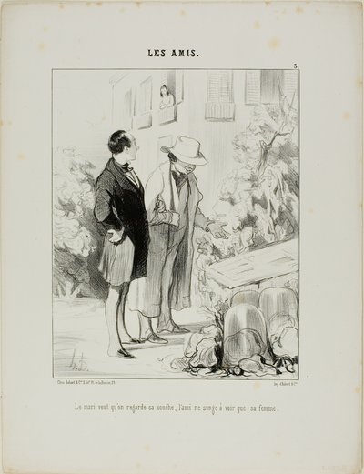 El marido quiere que mire su cama caliente, el amigo sólo sueña con ver a su mujer, lámina 3 de Les Amisa de Honoré Victorin Daumier