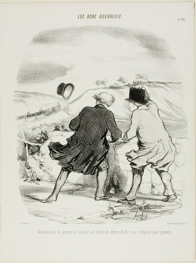 La inconveniencia de abandonar el tren aunque sólo sea por un momento y con cualquier pretexto, lámina 29 de Les Bons Bourgeois de Honoré Victorin Daumier