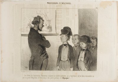 Los alumnos del Instituto Pascareau prueban su nuevo uniforme escolar que les hace parecerse un poco al gran Napoleón y mucho a los pequeños repartidores de periódicos, lámina 25 de Professeurs Et Moutards de Honoré Victorin Daumier