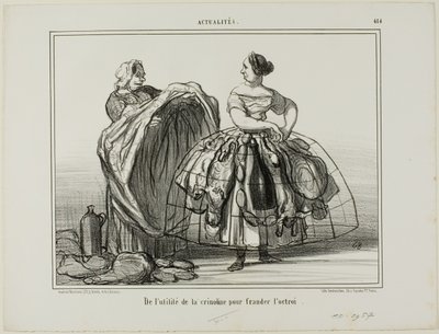 La utilidad del miriñaque para engañar a la aduana, lámina 414 de Actualités de Honoré Victorin Daumier