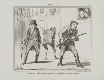 Vista de la calle Lacépède durante la caza de una serpiente, lámina 500 de Actualités de Honoré Victorin Daumier