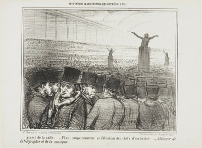 Vista del gran vestíbulo. Plano, altura y vista de frente del director de orquesta. Gran alianza entre el telégrafo y la música, lámina 1 de Souvenir Du Grand Festival Des Orphéonistes de Honoré Victorin Daumier