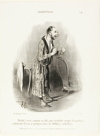 "Bueno... como dice el refrán, como un auténtico collar de perlas, .... sólo algunas se han desenhebrado, ¡eso es todo!," plato 9 de Coquetterie de Honoré Victorin Daumier