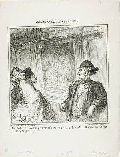 "¡Qué idiotas! Les pintas un cuadro religioso y se ríen.... ¡ni siquiera tienen devoción por el arte!...," lámina 4 de Croquis Pris Au Salon par Daumier de Honoré Victorin Daumier
