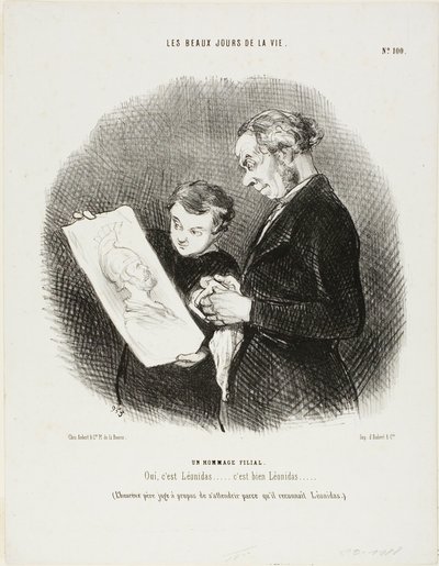 "Sí, es Leónidas...... No Question, it is Leonidas!" (El feliz padre considera oportuno emocionarse al reconocer a Leónidas), lámina 100 de Les Beaux Jours De La Vie de Honoré Victorin Daumier