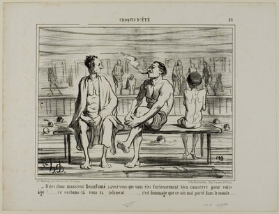 "Sabe, Monsieur Beaufumé, la verdad es que se ha conservado condenadamente bien teniendo en cuenta su edad. Este traje le sienta perfectamente.... lástima que no le quede bien a todo el mundo," plato 36 de Croquis D