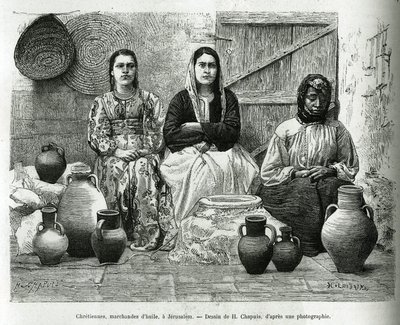 Cristianos, vendedores de aceite en Jerusalén. Grabado por H.Chapuis, para ilustrar La Siria de hoy, por M.Lortet, decano de la Facultad de Medicina de Lyon, encargado de una misión científica por el Ministerio de Educación Pública, publicado en Le tour du de Honore (after) Chapuis