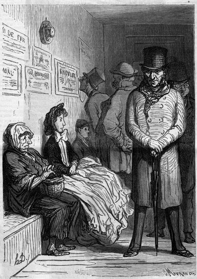 Un escritorio de espera de ómnibus. Caricatura de Honore Daumier. Grabado en Le Monde Illustré n°257 del 15 de marzo de 1862 de Honoré Daumier