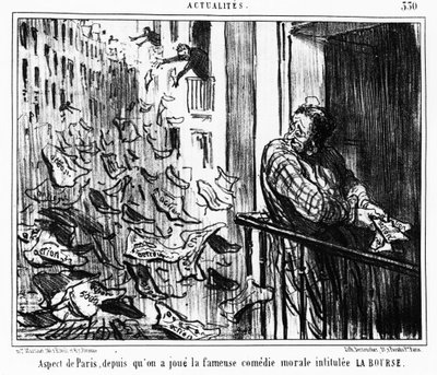 Apariencia de París, desde la famosa comedia moral titulada LA Bourse: serie tomada de “” Actualites”, una serie de caricaturas sobre la bolsa de valores de Honoré Daumier (1808-1879). “Charivari” de Honoré Daumier