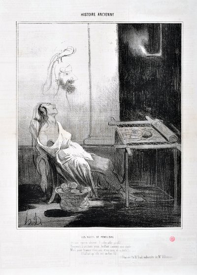 Obra de Honoré Daumier (1808-1879) Charivari data de 1842: Serie HISTORIE ANCIE Les Nuits de Penelope De su esposo ausente el adorable perfil, Siempre a sus dulces ojos brillaba como una estrella Pero para tramar tres años y su astucia y su tela Il de Honoré Daumier