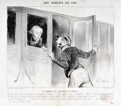 Obra de Honoré Daumier (1808-1879). Charivari data de 1843: Serie LES RAILWAYS El peligro de quedarse dormido en un viaje - ¡Despierta señor y bájate del coche! - ¿A dónde vamos? - ¡Pero a Rouen, parbleu! - ¡En Rouen y yo que solo quería ir a Poiss de Honoré Daumier