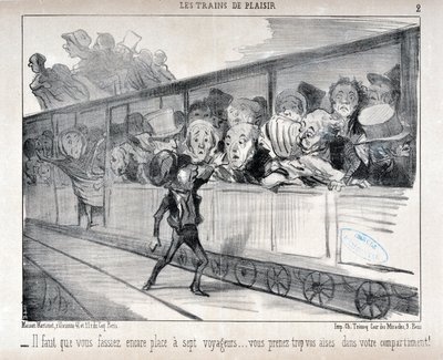 Obra de Honoré Daumier (1808-1879). Charivari data de 1852: Serie LES TRAINS DE PLEASURE - Tienes que hacer espacio para siete pasajeros... ¡estás demasiado cómodo en tu compartimento! MUSEO DE BELLAS ARTES - PALACIO LONGCHAMP, MARSELLA de Honoré Daumier