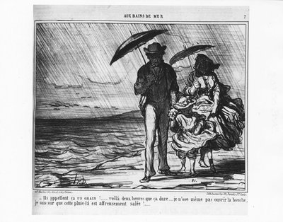 En los baños de mar: parisinos junto al mar bajo una lluvia torrencial - por Daumier, en "Charivari" del 19/09/1859. de Honoré Daumier