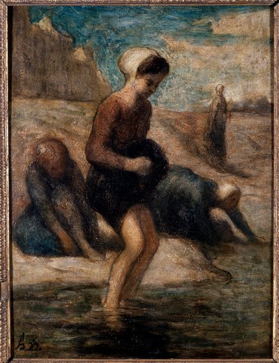 Al borde del agua Joven mujer penetrando con miedo en el agua. de Honoré Daumier