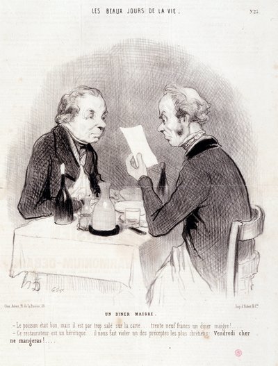 Caricatura sobre la vida cara. Serie "Los Bellos Días de la Vida": Una cena escasa... Grabado de Honoré Daumier (1808-1879). Extracto del periódico "Le Charivari" del 18 de octubre de Honoré Daumier