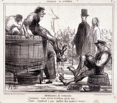 Caricatura sobre cosechadores pisando uvas descalzos, de la serie "Boceto de otoño" de Honoré Daumier