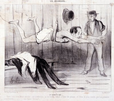Caricatura sobre turistas de vacaciones. Serie “Les Baigneurs”: La lección a seco. Extracto del periódico “Le Charivari” de Honoré Daumier