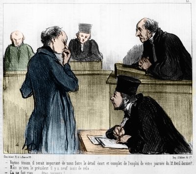 Caricatura de Daumier: Serie “Les Gens de justice” publicada en “Charivari” del 04/03/1846. Oyendo a un testigo. de Honoré Daumier