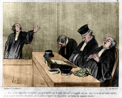 Caricatura de Daumier: Serie "Les Gens de justice" publicada en "Charivari" del 15/08/1845. Un abogado durmiendo mientras alega en la corte. de Honoré Daumier
