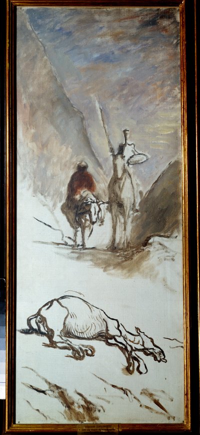 Don Quijote y la mula muerta Ilustración de la novela de Miguel Cervantes 