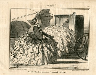 Le Charivari, Satírico en N & B, ca. 1855_5_11: Noticias n* 190. Damas de un medio mundo pero no de faldas. - Moda, Transporte, Crinolinas - Ilustración de Mujeres por Honore Daumier de Honoré Daumier