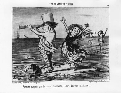 Los Trenes de placer: parisinos sorprendidos por la marea alta; otra emoción marítima - por Daumier "Los caminos de hierro", en "Charivari" del 18/09/1852 de Honoré Daumier