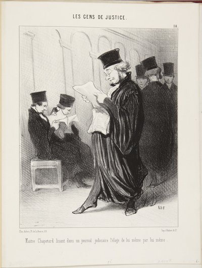 El maestro Chapotard leyendo en un periódico judicial el elogio de sí mismo hecho por sí mismo de Honoré Daumier