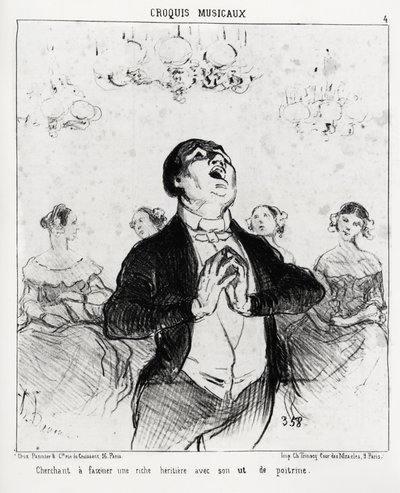 Bocetos musicales: buscando fascinar a una rica heredera con su pecho. Ilustración de Honoré Daumier, publicada en 