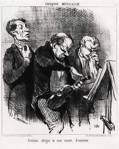 Bocetos musicales: preludios obligatorios de cualquier concierto amateur. Tres músicos se esfuerzan por iluminar sus voces, afinar un violín y sonarse la nariz con ostentación. Ilustración de Honoré Daumier, publicada en 