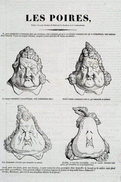 Peras: Caricatura que representa una metamorfosis del rostro de Luis Felipe en pera de Honoré Daumier