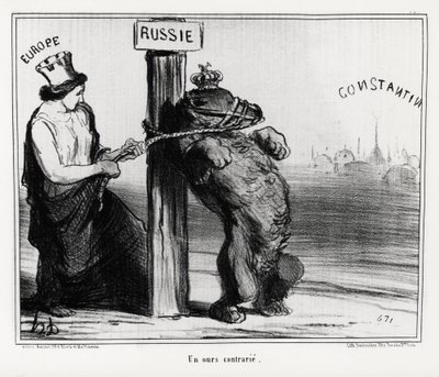 Rusia: un oso molesto (por Europa). En marzo de 1854, Francia e Inglaterra formaron una alianza con Turquía contra Rusia. Ilustración de Honoré Daumier, publicada en las noticias, “Charivari” de Honoré Daumier