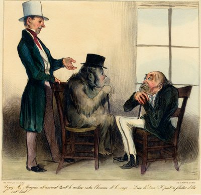 Vea Sr. Mayeux, este animal se encuentra a medio camino entre el hombre y el mono - ¡Por Dios! ¡Puede jactarse de ser feo!" Caricatura que representa las similitudes entre un orangután y un hombre - dibujo por Honoré Daumier (1808 - 1879) de 
