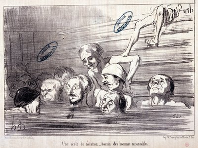 Serie “Les Bains de Mer”: Boceto acuático. Una escuela de natación, una piscina de hombres razonables. Extracto del periódico “Le Charivari” de Honoré Daumier