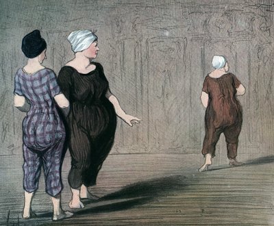 Serie "Les batheuses" dos mujeres en traje de baño examinan el corte de otra, caricatura de Honore Daumier (1808-1879) 1844 (Las bañistas: dos señoras en traje de baño, miran de arriba abajo la cintura de otra) Colección particular de Honoré Daumier