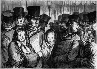 Boulevard del Templo a medianoche. A la izquierda, gente saliendo del drama. A la derecha, gente saliendo de los funámbulos. Caricatura de Honoré Daumier (1808-1879). Grabado en “Le Monde Illustré” n°254 del 22 de febrero de Honoré Daumier
