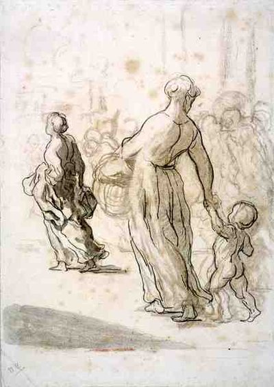 Dos Mujeres y un Niño, c.1848-50 de Honoré Daumier