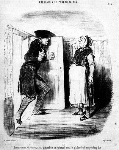 Inconveniente visitar, sin precaución, un entresuelo cuyo techo es un poco demasiado bajo, tomado de "Inquilinos y Propietarios", serie de caricaturas de Honoré Daumier (1808-1879). "Charivari" de Honoré Daumier