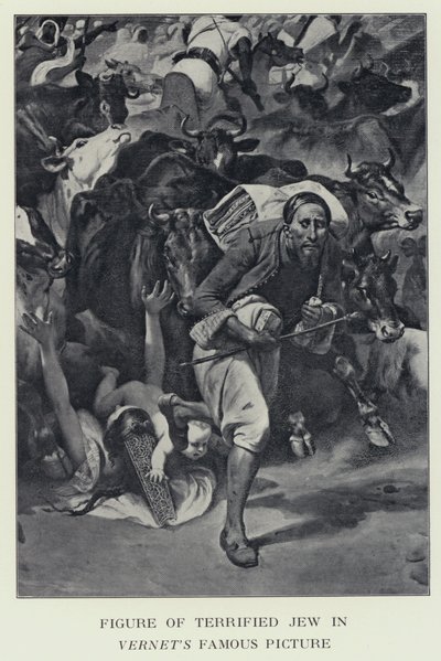 Figura de judío aterrorizado en la famosa pintura de Vernet - supuestamente una representación del Barón James Rothschild de Horace (after) Vernet