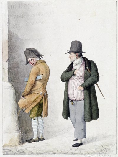 Hombre orinando contra una pared y otro transeúnte - litografía de Brunet de Horace Antoine Brunet