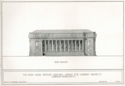 Elevación frontal, la Biblioteca Memorial Harry Elkins Widener para la Universidad de Harvard, Cambridge, Massachusetts de Horace Trumbauer